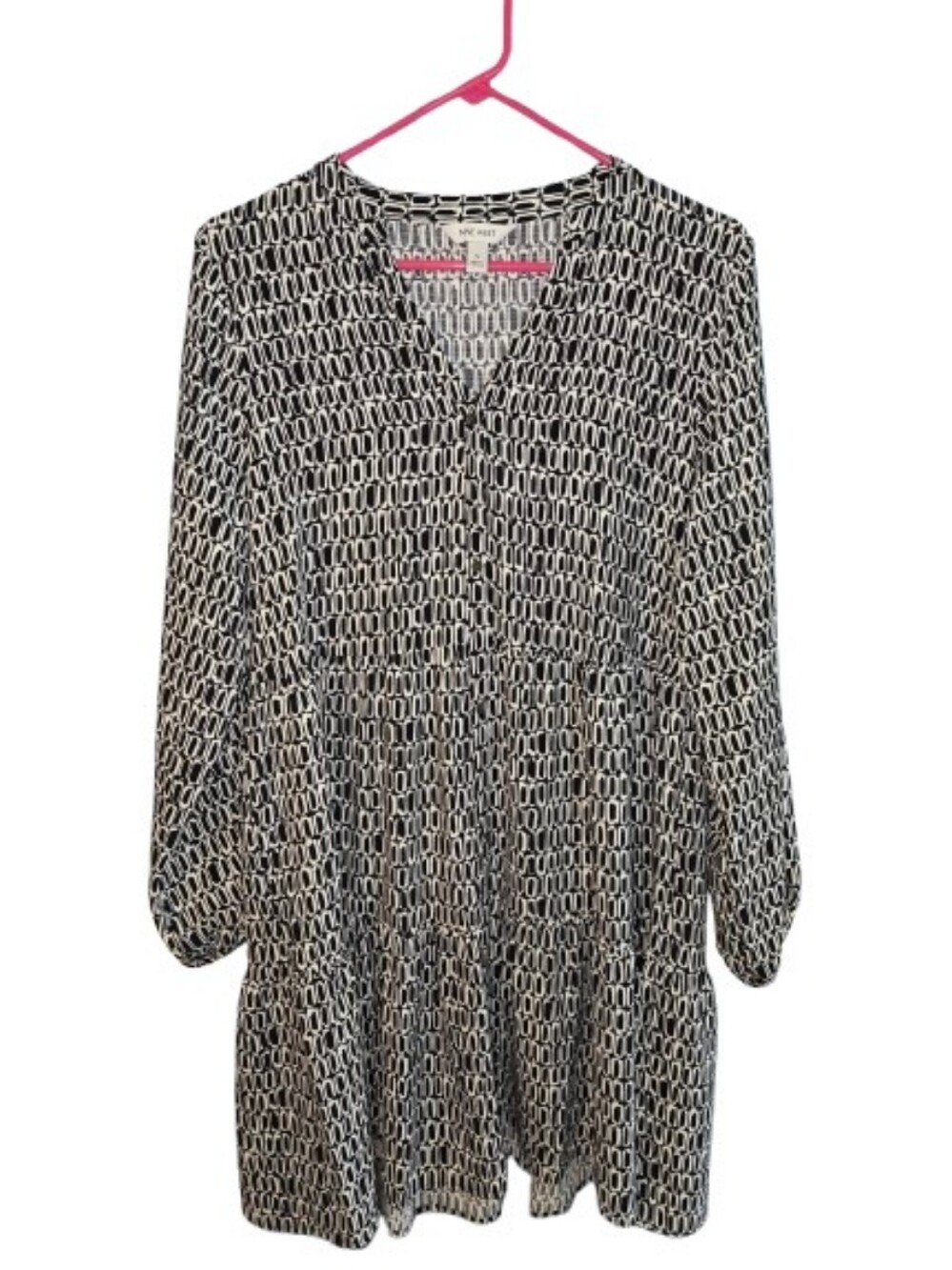 Nine West Black And White Babydoll Long Sleeved Dress